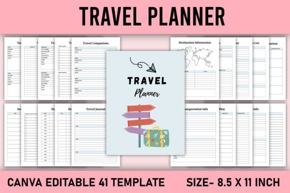 trip planner template showing 41 editable pages including itinerary, packing, accommodation, flights, budget, and travel