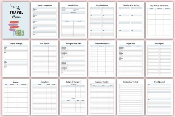 trip planner template showing multiple editable pages for itinerary, budget, packing, and travel details
