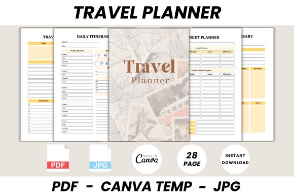 Editable trip planner template showing daily itinerary, budget planner, and travel journal pages
