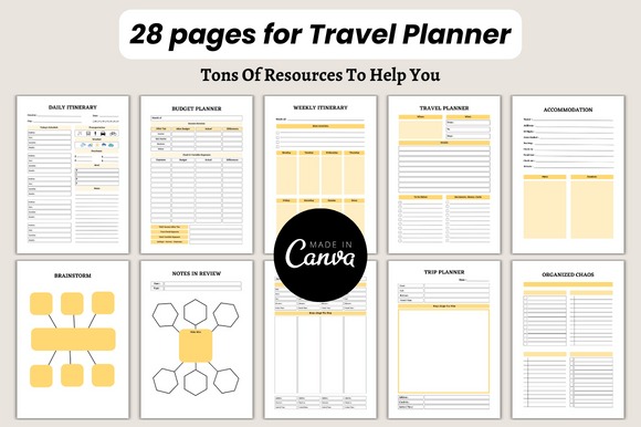 Editable trip planner template with 28 pages including itinerary, budget, packing, and accommodation sections