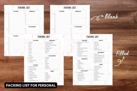 Trip planner template showing blank and filled packing list pages with categories like clothing, essentials, accessories