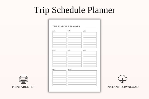 Trip planner template showing a minimalist printable PDF schedule with multiple dated sections and notes area