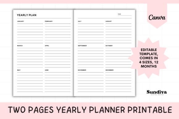 Two page yearly planner template design with months listed and space for notes, editable — yearly planner template designs