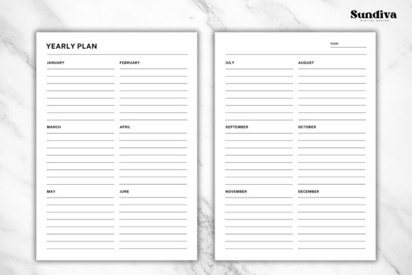 Two page yearly planner template designs with months listed and space for notes on a marble background