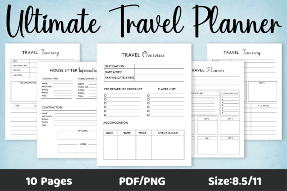 trip planner template showing 10-page black-and-white printable itinerary, budget, and packing organizer