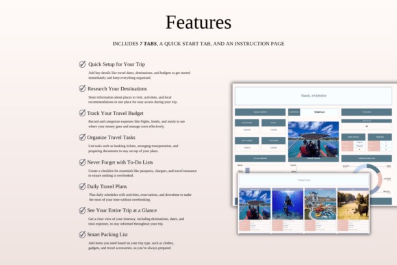 trip planner template showing features like quick setup, research, tracking, organization, to-do lists, daily plans, trip