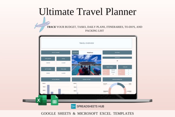 Ultimate travel planner template dashboard showing budget, tasks, daily plans, itineraries, and — trip planner template