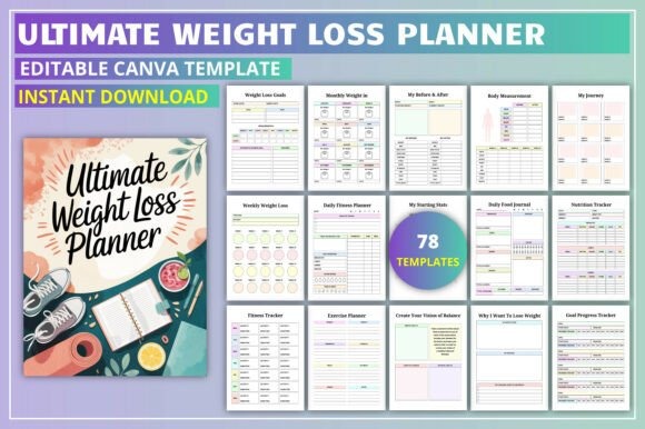 Ultimate weight loss planner workout planner template with 78 editable Canva pages including exercise, nutrition, and