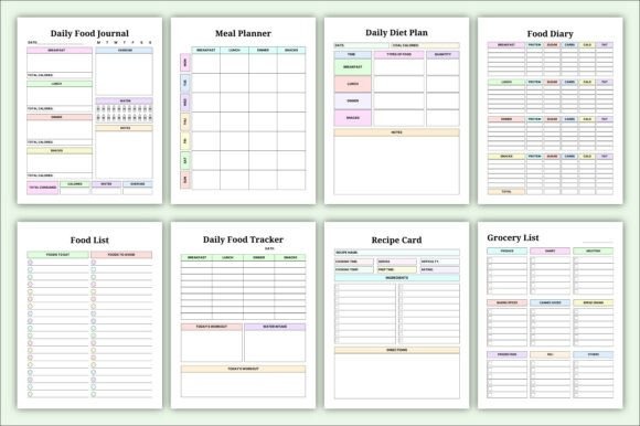 Workout planner template showing daily food journal, meal planner, diet plan, food diary, food list, food tracker, recipe