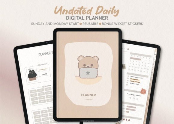 iPad planner template showing undated daily digital planner with cute bear cover and calendar stickers