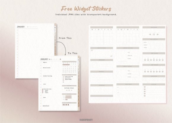 iPad planner template showing undated daily planner pages and free widget stickers in PNG format