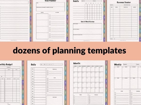 iPad planner template showing various planning pages including goal planner, habits, revenue tracker, monthly budget, daily
