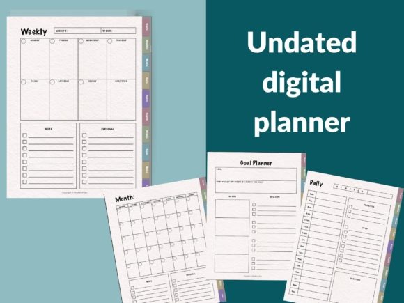 Undated digital planner template with weekly, monthly, goal planner, and daily pages for iPad planner template use