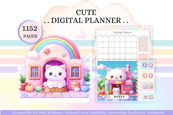 Cute digital planner with colorful rainbow house and monthly planner page, Goodnotes study planner template
