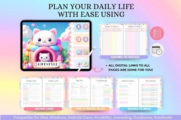 Goodnotes study planner template showing lifestyle, recipe cards, trip plans, and books to read sections with digital links