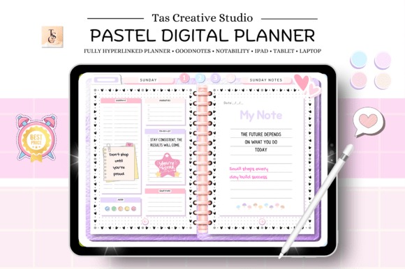 iPad planner template showing a pastel digital planner with daily notes and reminders on a tablet screen