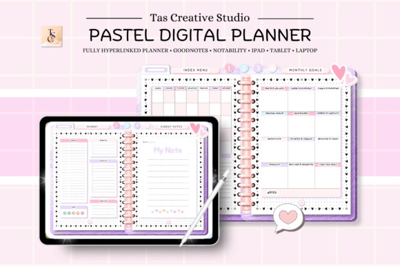 iPad planner template showing a pastel digital planner with daily notes and monthly goals in a horizontal layout