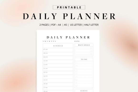 Minimal planner template daily planner layout with hourly schedule, main goals, to-do list, habits, and notes sections