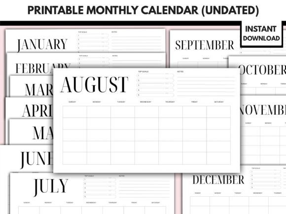 Printable monthly planner showing undated calendar pages with notes and goals sections for flexible monthly planning