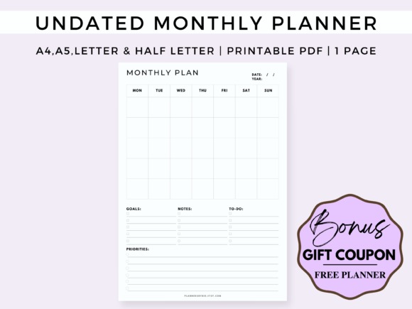 Printable monthly planner template with undated month-on-one-page layout including goals, notes, to-do, and priorities