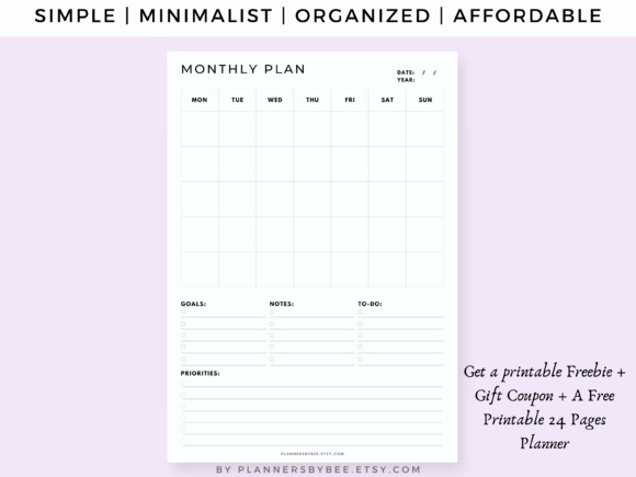 Printable monthly planner template with month-on-one-page layout, sections for goals, notes, to-do, and priorities