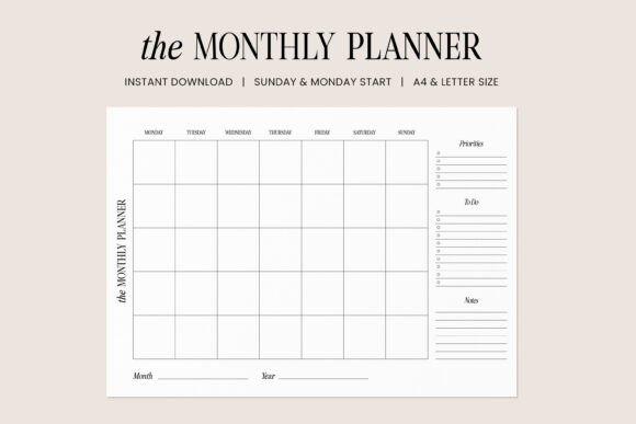 Minimalist undated monthly planner template with black-and-white calendar grid and sections for priorities, to-do, and notes