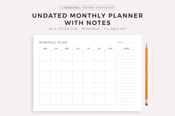 Undated monthly planner template printable with notes section and days of the week grid in A4 and Letter sizes