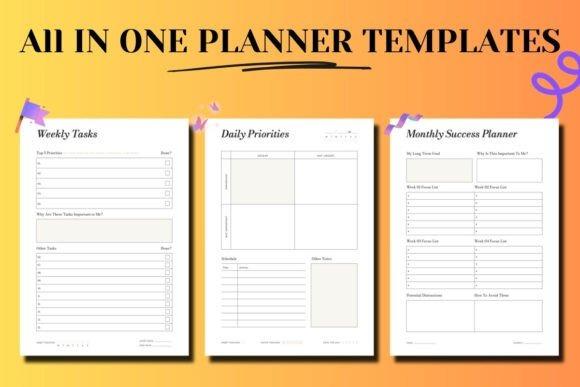 planner template designs showing weekly tasks, daily priorities, and monthly success planner pages with clean layout