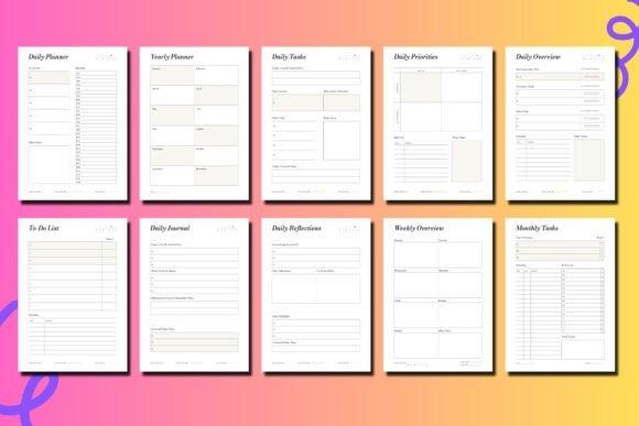 Undated planner template designs showing daily, weekly, monthly layouts with time blocking, goal tracking, and to-do lists