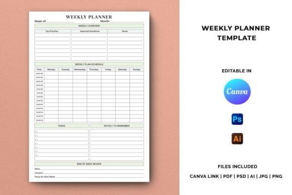 Printable weekly planner template with undated layout including weekly overview, schedule, tasks, notes, and end-of-week