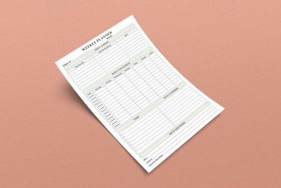 Printable weekly planner template with undated layout featuring weekly overview, schedule, tasks, notes, and end-of-week