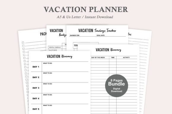 trip planner template showing vacation itinerary, budget tracker, packing list pages in A5 and US Letter sizes