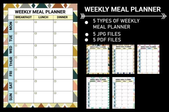 Weekly planner template showing a weekly meal planner with breakfast, lunch, and dinner columns for each day and five design