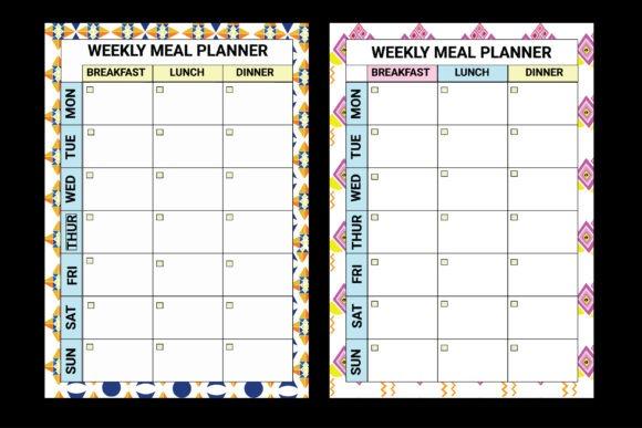 Two colorful weekly meal planner templates with sections for breakfast, lunch, and dinner for each — Weekly planner template