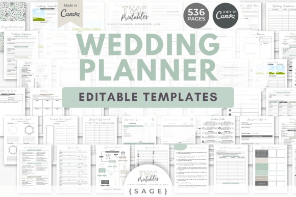 Wedding planner templates with 536 editable Canva pages including timelines, budgets, and guest lists in sage color scheme