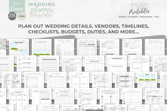 Wedding planner templates with timelines, budgets, guest lists, and checklists in sage color scheme for detailed