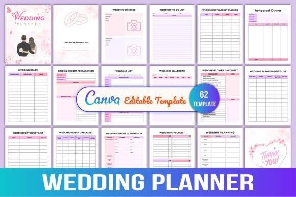 wedding planner templates showing various editable sections like budget planners, guest lists, checklists, and flower