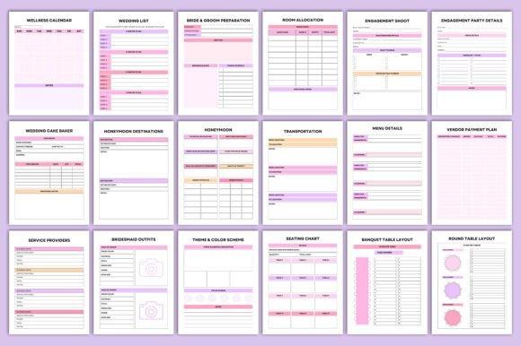 wedding planner templates showing various planning sheets for timelines, budgets, guest lists, seating charts, and vendor