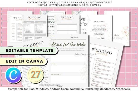 wedding planner templates editable in Canva with 27 pages including timeline, budget, guest list, and checklists