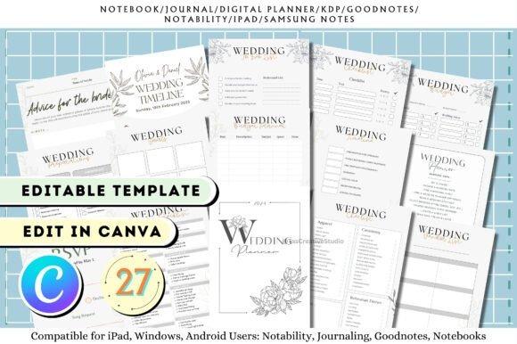 Wedding planner templates set with 27 editable pages including timeline, budget, guest list, and checklists for Canva
