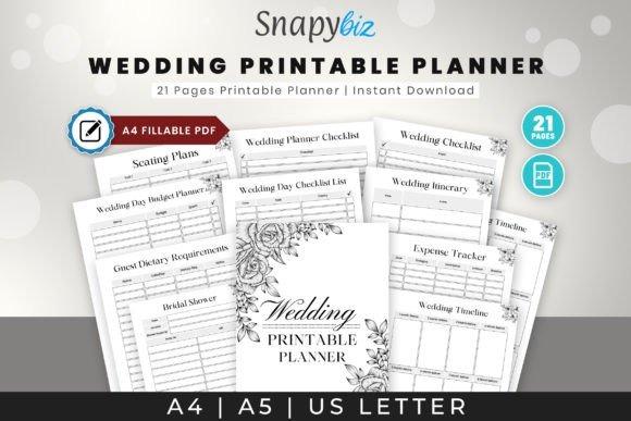 Wedding planner templates printable PDF pages including budget, checklist, itinerary, seating plans, and expense tracker in