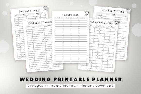 wedding planner templates showing expense tracker, vendors list, wedding day checklist, guest checklist, and after the