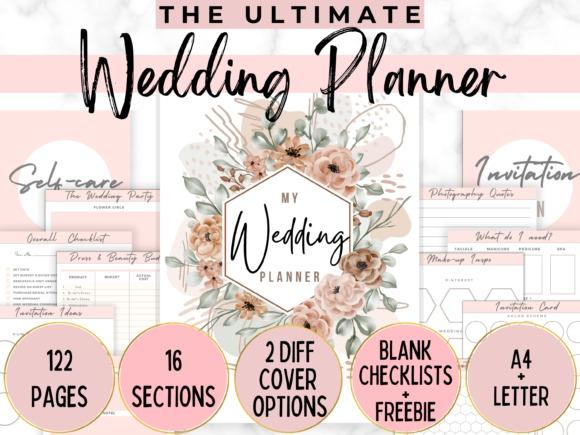 Wedding planner templates with floral cover and multiple planning sections including checklists and quotes, formatted for A4