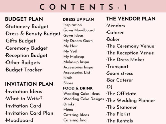 Contents page listing budget plan, dress-up plan, food & drink, and vendor plan sections for wedding planner templates