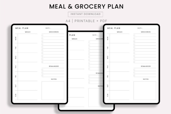 weekly meal planner template showing meal plan with meals, groceries, remainder, and notes sections in printable PDF format