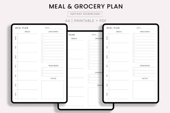 meal planner templates showing weekly meal plan with meals, groceries, reminders, and notes sections