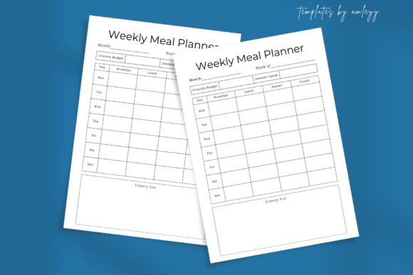 weekly meal planner template with days of the week, meal sections, grocery budget, and grocery list on white pages