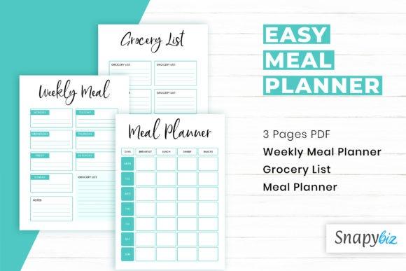 meal planner templates showing weekly meal planner, grocery list, and meal planner pages in a clean layout