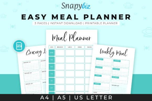 Meal planner templates showing daily meal sections and grocery lists in US Letter size printable format