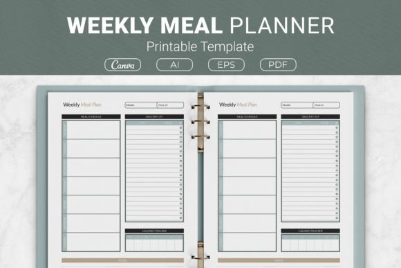 Weekly meal planner template showing a two-page spread with meal plan sections and grocery lists